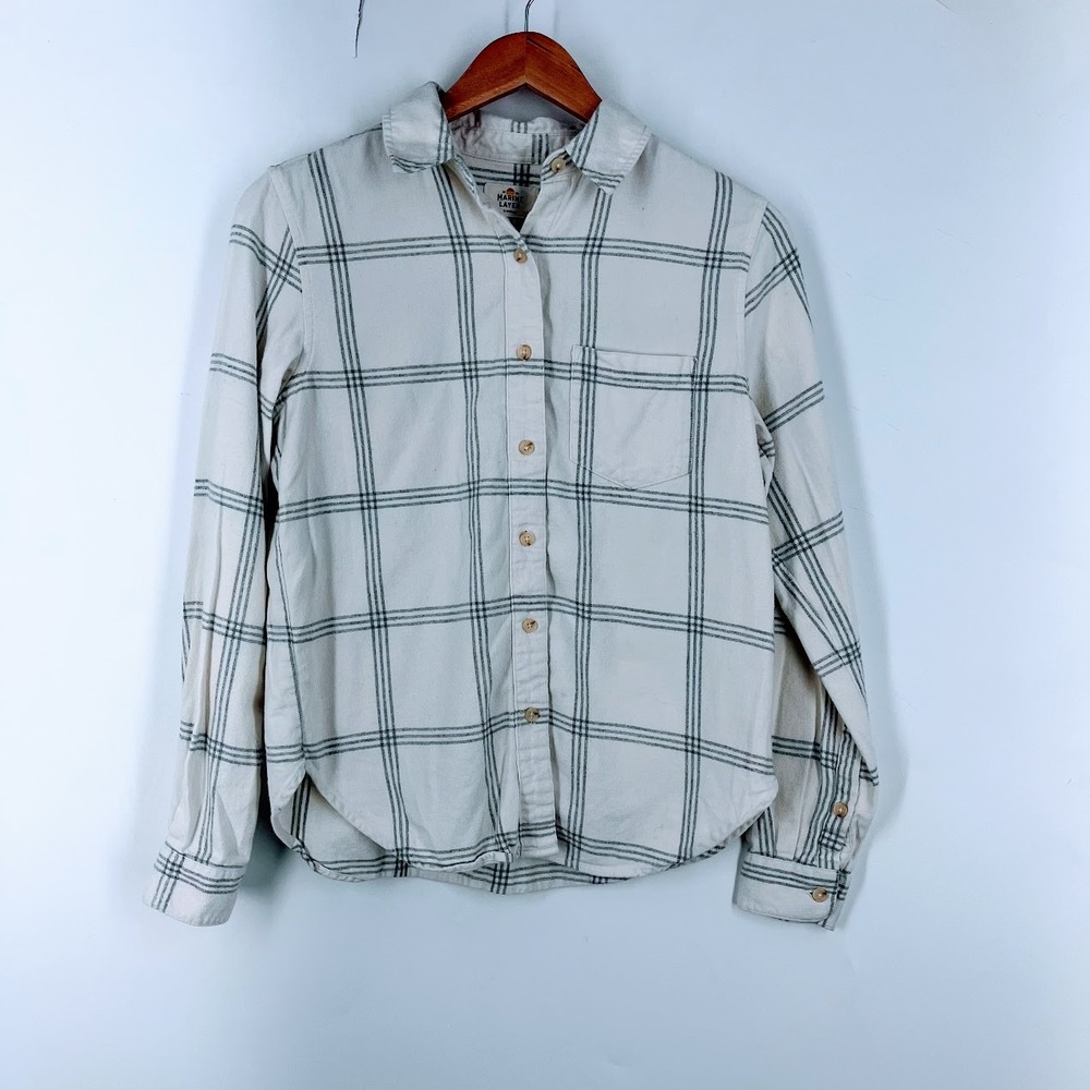 Marine‎ Layer Womens XS Cream Grey Windowpane Plaid Flannel Button Down Shirt